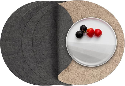 Myir JUN Round Placemats Dual Sided, Faux Leather Place Mats Set of 6 Indoor Placemat for Dining Table Outdoor Place Mat Non-Slip Washable Table Mats (Gray Beige, Set of 6)