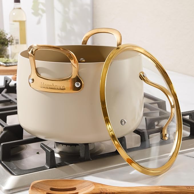 Bloomhouse - Two Time Oprah's Favorite Things Winner - 8 Quart Heavy Duty Aluminum Premium PFA Free Ceramic Nonstick Dutch Oven Pot with Lid - Almond Cream w/Gold Handle