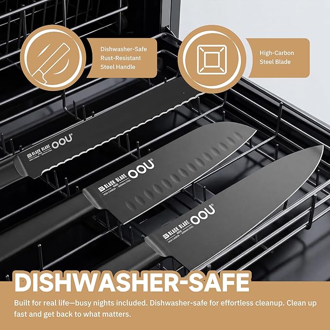 OOU Kitchen Knife Block Set - 15 Pieces High Carbon Stainless Steel Chef Knife Sets, Anti-Rust Black Knives Set with Built-in Sharpener Block, Brown