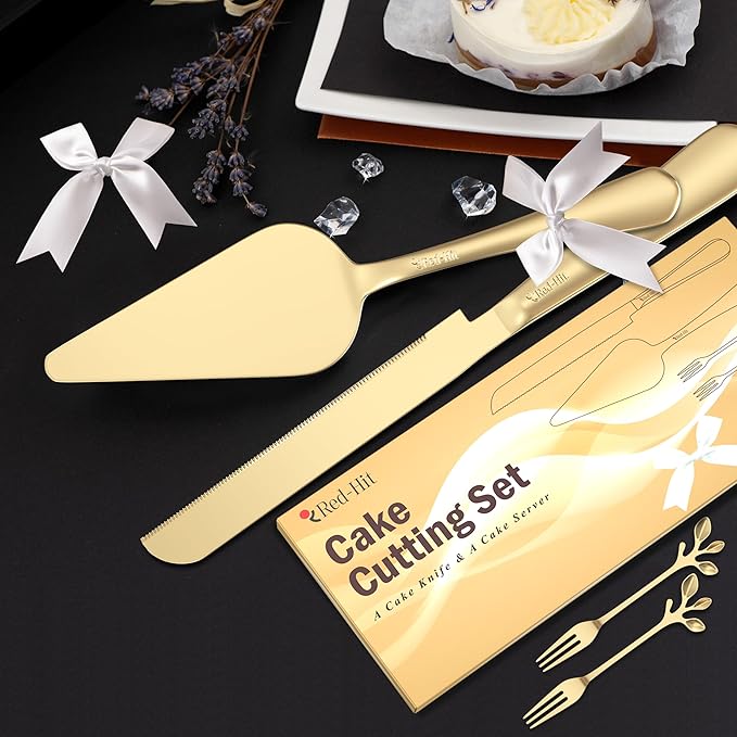 Elegant Gold Cake Knife and Server Set, Extra Thick Stainless Steel Cake Cutter and Cake Server with Bonus Forks & White Bows, Cake Cutting Set for Wedding, Birthday and Christmas Celebrations