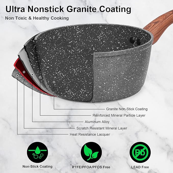 Granite Pots and Pans Set Non Stick, 11 Piece Die-Cast Induction Cookware Set, Nonstick Kitchen Cooking Set w/Frying Pans & Saucepans, PFOA Free