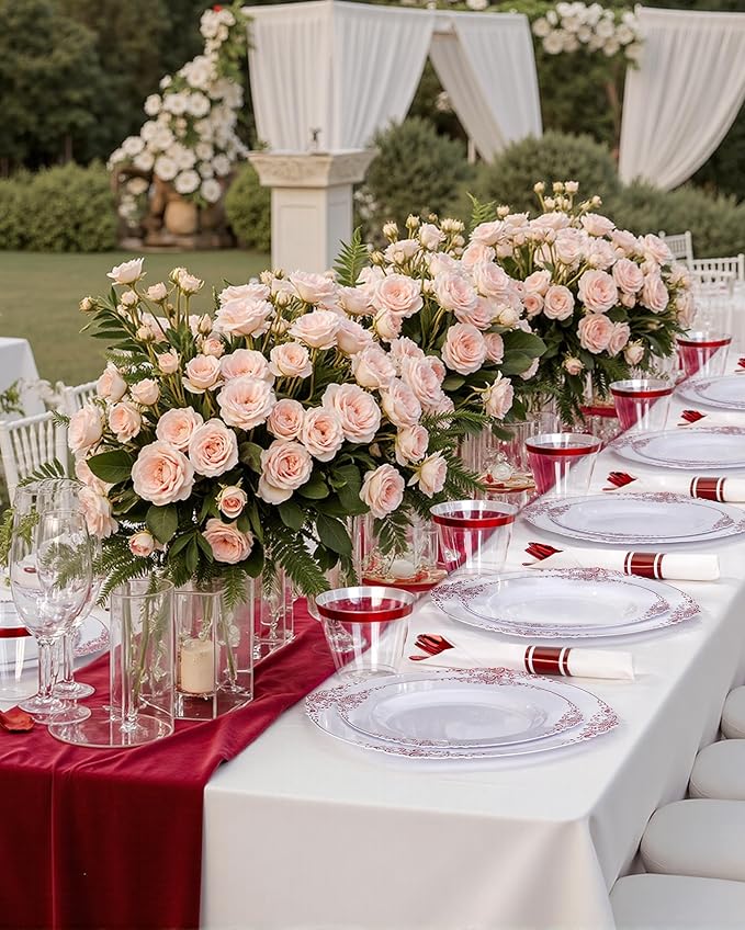 Nervure 350PCS Red Plastic Plates - White Red Plastic Dinnerware Set for 50 Guests - 100 Red Disposable Plates, 50 Pre Rolled Cutlery Set, 50 Cups Perfect for Wedding, Party