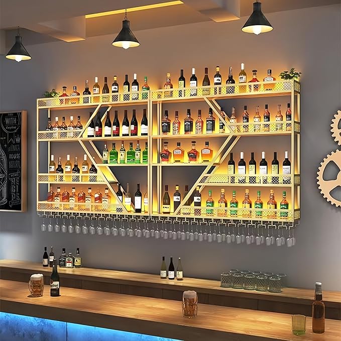 Modern Wall Mounted Wine Rack w/LED Light, Metal Wall Bar Shelves Wall Mounted w/Glass Holder, Large Liquor Shelf for Liquor Bottles for Home Bar & Dining Room(Gold-Yellow Led, 118in/300cm)