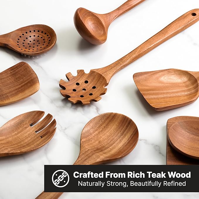Wooden Kitchen Utensil Set, 9-Piece Teak Wood Kitchen Spoons for Cooking- Durable, Comfortable Grip, Non-Stick, Heat Resistant, Non-Scratch Kitchen Utensils-Perfect Cooking Gift