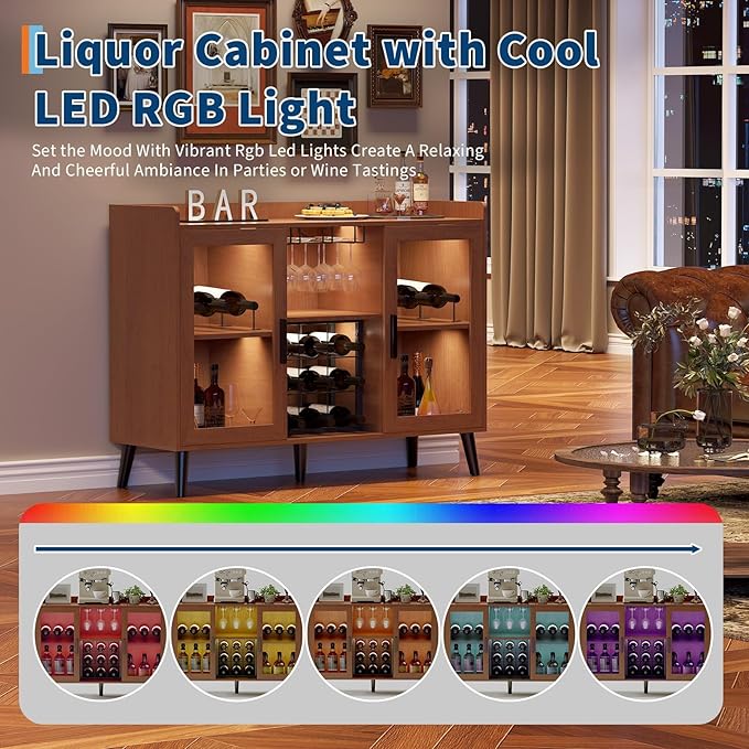 Wine Bar Cabinet with LED Lights, 47 Inch Freestanding Sideboard Buffet with Wine Rack & Glass Holder, Multi-Functional Storage Cabinet for Dining Room Living Room Kitchen, Walnut Color