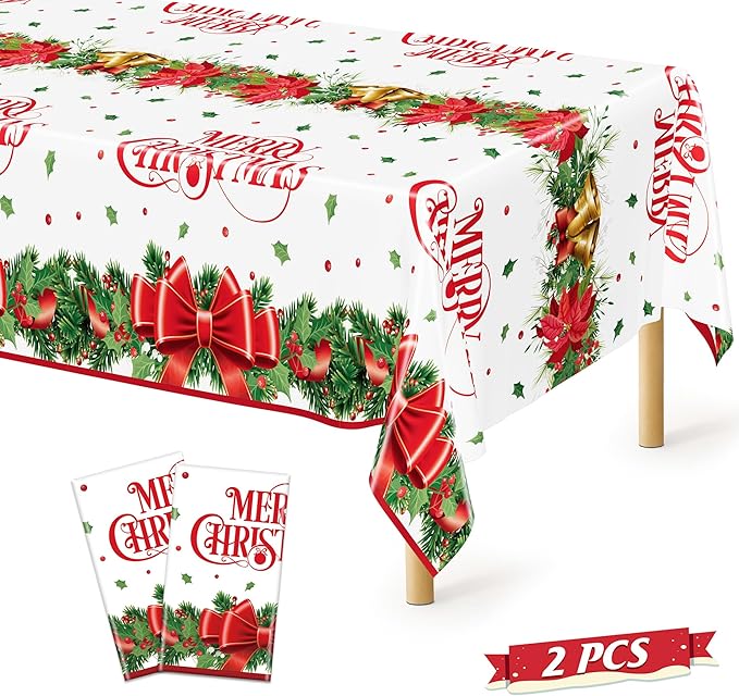 QZYL 2 Pack Christmas Tablecloths, 54" x 108" Xmas Plastic Table Cloth, Poinsettia Holly Bells Design Holiday Disposable Tablecover Rectangle Tablecloth, Christmas Decor Holiday Table Decorations