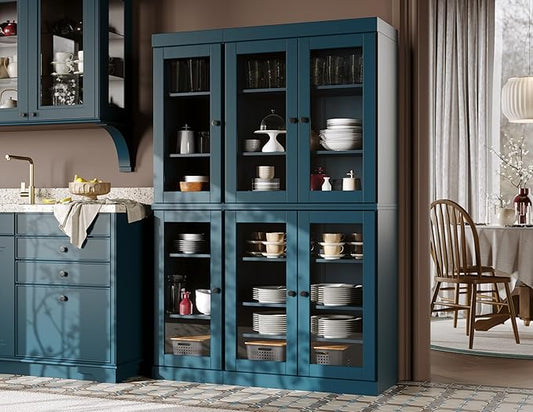 Palace Imports 100% Solid Wood 48.5" Pantry China Cabinet with Clear Glass Doors and Adjustable Shelves (Teal Blue)
