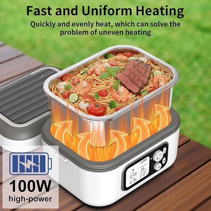 EDCREATY Cordless Electric Heated Lunch Box, 1.5L 6.3Cups 24000mAh Rechargeable Battery Self-Heating Lunch Box, Smart Timer, Even Heating, 100W Portable Food Warmer for Office, Picnic, Car, Outdoor
