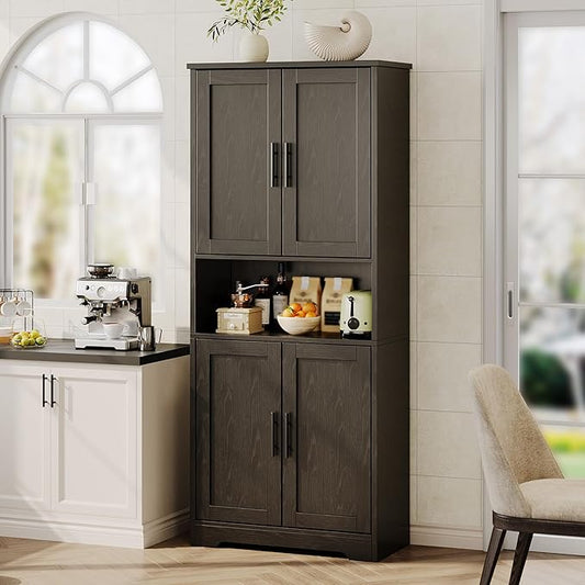 70" Tall White Pantry Cabinet with Doors, Freestanding Storage Cabinet with Adjustable Shelves for Kitchen, Dining Room, Bathroom, Living Room,Black