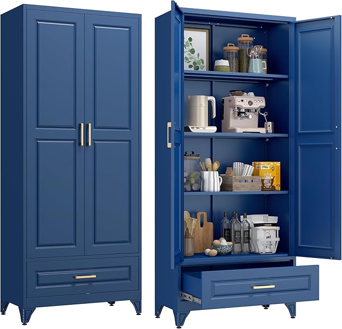 75??Kitchen Pantry Storage Cabinet,Metal Tall Storage Cabinet with Drawers and Adjustable Shelves,Modern Kitchen Hutch Cabinet,Freestanding Cupboard for Living Room,Blue