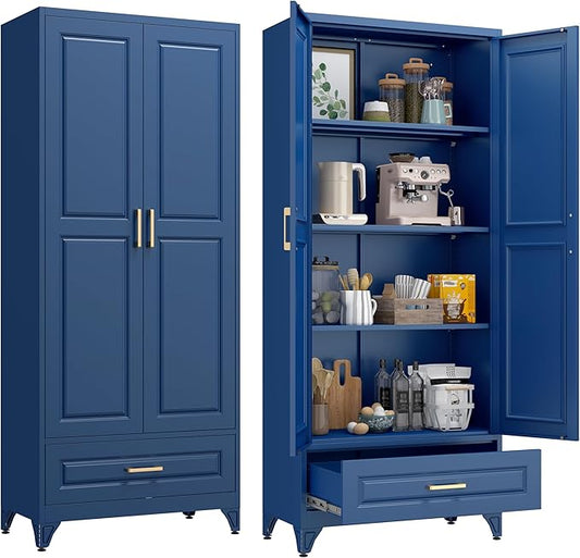 75??Kitchen Pantry Storage Cabinet,Metal Tall Storage Cabinet with Drawers and Adjustable Shelves,Modern Kitchen Hutch Cabinet,Freestanding Cupboard for Living Room,Blue