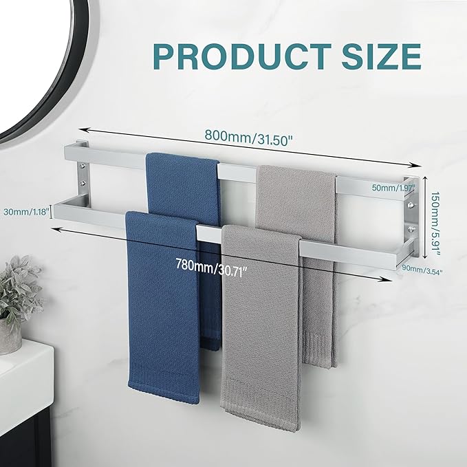Alise Double Towel Bar 32", SUS304 Stainless Steel Towel Racks for Bathroom Wall Mounted, Space Saving Bathroom Towel Holder, Long Towel Hanger, Brushed Nickel