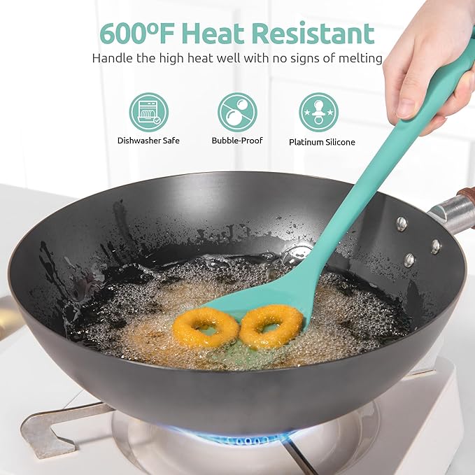 U-Taste 600쨘F Heat Resistant Wok Spatula: 13.76" Long, 3.63" Wide Silicone Cooking Utensils with Flexible Edge & Sturdy Core, for Kitchen Stir Fry, Serving, Scoop, Non-Stick Pan, Cast Iron (Aqua Sky)