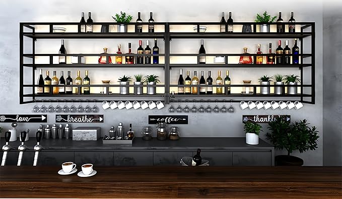 31 Inch 3-Tier Wall Mounted Wine Rack with LED Light, Stylish Wall Bar Shelves for Liquor Bottles & Hanging Glasses, Bar Shelves Wall Mounted for Kitchen, Dining Room & Home Bar, Black