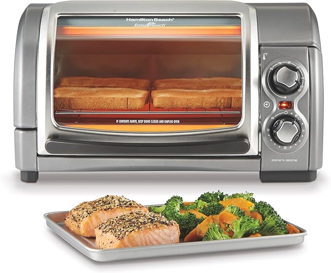 Hamilton Beach Easy Reach 4-Slice Countertop Toaster Oven With Roll-Top Door, 1200 Watts, Fits 9??Pizza, 3 Cooking Functions for Bake, Broil and Toast, Silver (31344DA)
