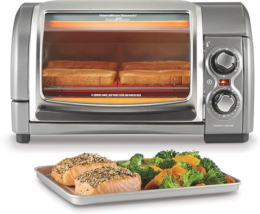 Hamilton Beach Easy Reach 4-Slice Countertop Toaster Oven With Roll-Top Door, 1200 Watts, Fits 9??Pizza, 3 Cooking Functions for Bake, Broil and Toast, Silver (31344DA)