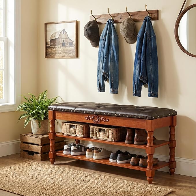 TRIBEWOOD 39-inch End of Bed Bench, Faux Leather Tufted Storage Bench with Lift Top Seat and 2 Tier Storage Shelves, Bedroom Bench Footrest Stool with Hidden Storage and Wood Leg, Vintage Style