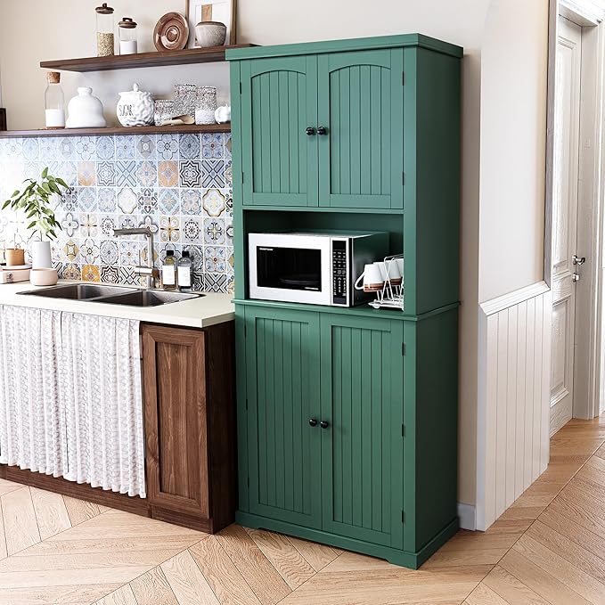HLR 72" Kitchen Pantry Storage Cabinet, Freestanding Larder Cupboard, Kitchen Hutch Cabinet with Microwave Stand,Utility Pantry with Doors and Shelves for Dining Room, Living Room