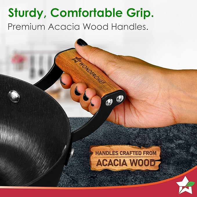 Wonderchef Pre-Seasoned Ferro Light Kadhai 2.3L Acacia Wooden Handles Gravity Moulding Technology No Chemical Coating 10 Year 24 cm Black