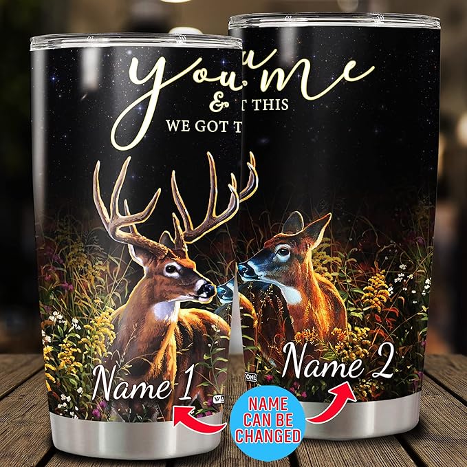 WAZONE Personalized Deer Couple Tumbler Customized Name Deers Travel Gift For Couples On Valentines Day Christmas Anniversary Double Wall Insulated 20 30oz Stainless Steel Cup