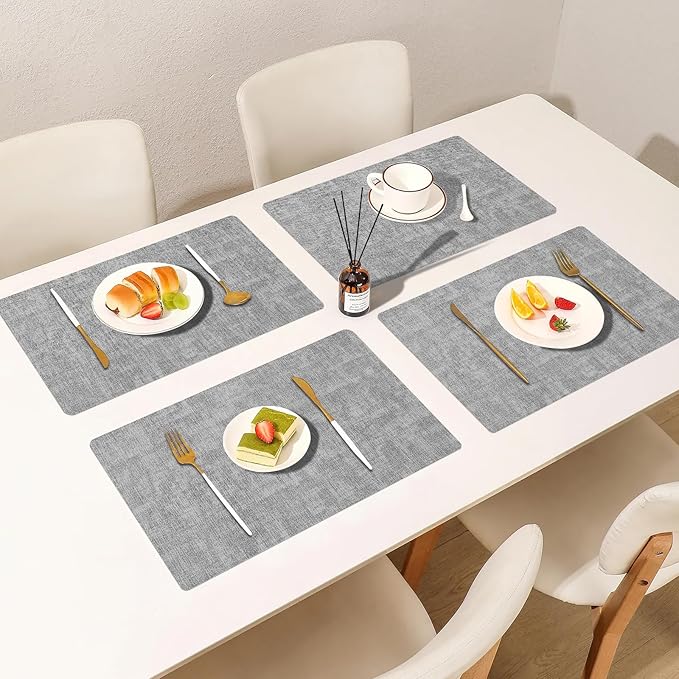 Boobezeen Faux Leather Placemats Set of 6, Heat Resistant Wipeable Washable Vinyl Place Mats, Waterproof Anti-Slip Dining Table Mats, Suitable for Indoor & Outdoor Use (Light Grey)