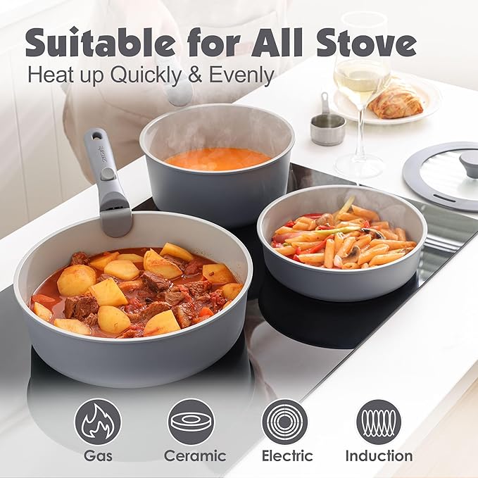 SENSARTE 17 Piece Ceramic Pots and Pans Set, Nonstick Detachable Handle Cookware, Induction Kitchen Cookware Set with Removable Handle, Dishwasher 竊?Oven Safe (Gray)