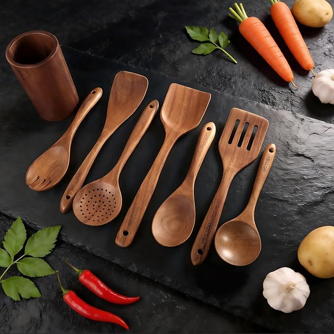 Wooden Spoons for Cooking - 8-Piece Wooden Kitchen Utensil Set made of Natural Solid Wood Material - Includes Spoons, Spatulas, Ladles, Strainer Spoon, Salad Fork, Mixing Spoon and Utensil Holder