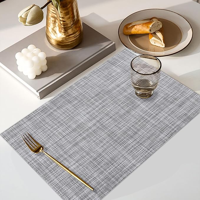 LANDVIEW Vinyl Placemats Set of 6, PVC Woven Washable Non-Slip Table Mats, Heat Resistant Wrinkle Free Place Mats for Dining Table, Easy to Clean (6, Light Grey)