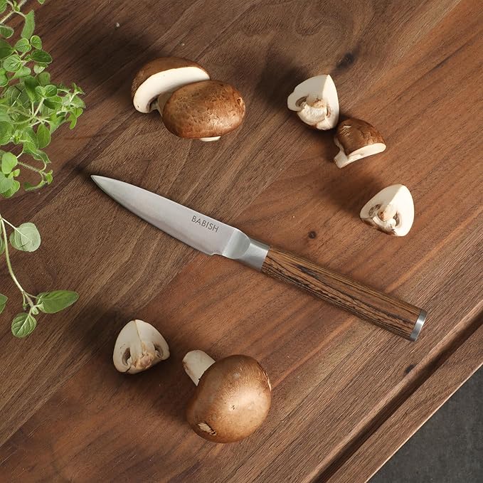Babish German 1.4116 Stainless Steel Paring Knife with Dark Pakka Wood Handle ??3.5-Inch Precision Kitchen Knife for Peeling, Trimming & Prep Work, Full-Tang Blade
