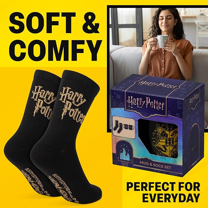 Get Trend Harry Potter Coffee Mug and Socks Set, 11.5 oz Ceramic Cup with Crew Socks, Cute Drinkware Christmas, Secret Santa Gifts for Women (Black Harry Potter)