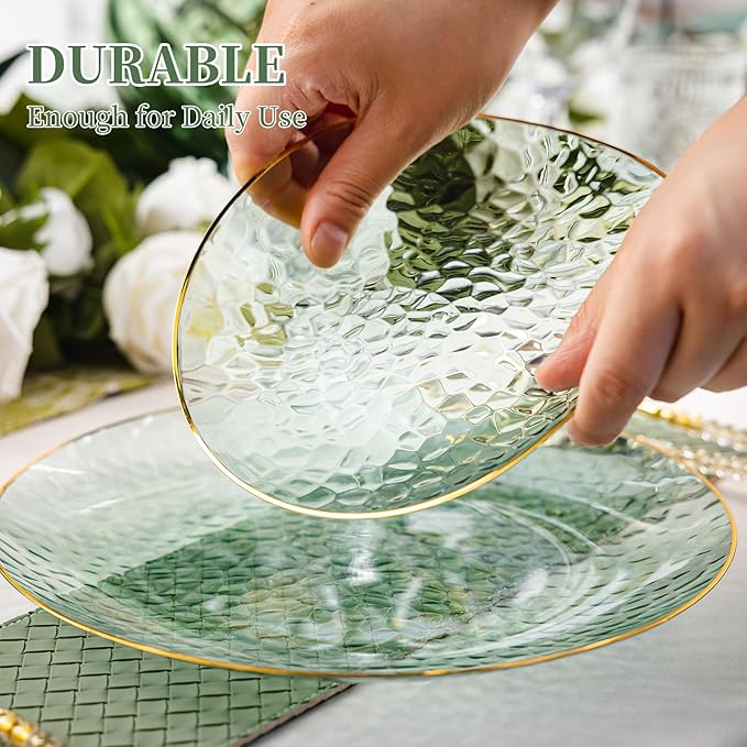 Lullaby 60pcs Green Plastic Plates with Gold Rim, Includes 30pcs Dinner Plate 10'' and 30pcs Clear Dessert Plate 7.5'', Green Disposable Plastic Plates for Parties, Birthdays and Wedding