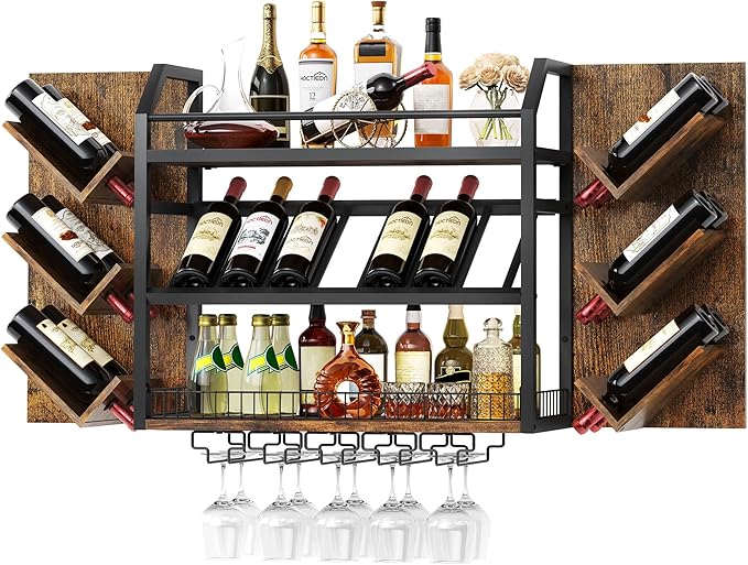 Hoctieon Wall Mounted Wine Rack, 3 Tier Hanging Wine Racks with Glass Holder, Large Capacity Bar Shelves, Metal Wood Bottle Display Storage for Kitchen, Home Bar, Dining Room, Rustic Brown