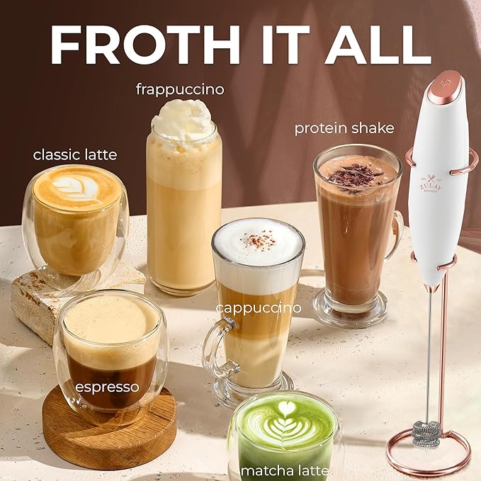 Zulay Kitchen Patented Tornado Triple Whisk Milk Frother with 4 Duracell Batteries ??Handheld Foam Maker for Coffee, Lattes, Matcha & Hot Chocolate ??Rich, Creamy Froth in Seconds
