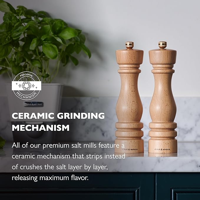 Cole & Mason London Refillable Spice Mill - Kitchen & Home Accessory - Table Salt Grinder - Salt Mill with Ceramic Mechanism - 8", Natural Beech