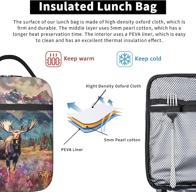 VANZEV Insulated Lunch Box for Women Men, Moose Lunch Box Reusable Portable Lunch Bag Cooler Tote Waterproof Lunch Container for Office Picnic Work Travel Hiking