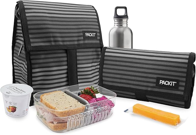 PackIt Freezable Lunch Bag with Zip Closure, Gray Stripe, 8-Inch