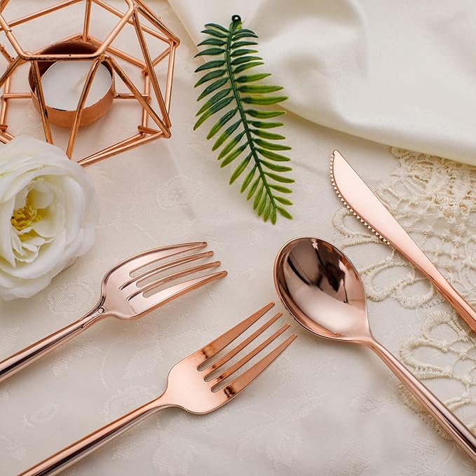 SUT 150Pcs Rose Gold Plastic Silverware, Disposable Cutlery Set, Heavy Duty Plastic Flatware Set竊똃isposable Rose Gold Utensils Include 50 Forks,50 Spoons, 50 Knives Perfect for Party