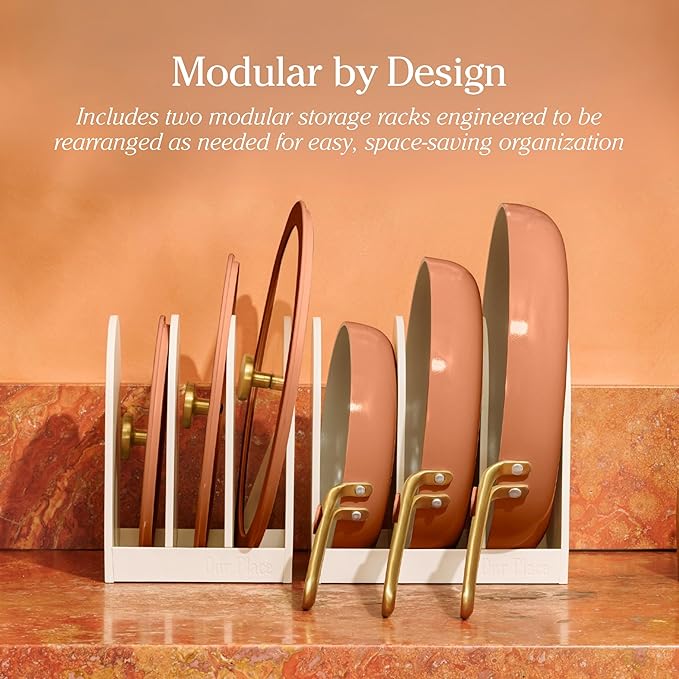 Our Place 8-Piece Essentials Complete Cookware Set - Ceramic Fry Pan Trio & Modular Rack Storage | Nontoxic Thermakind??Nonstick, Oven Safe up to 450째F & Compatible with All Cooktops | Terracotta