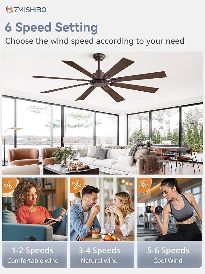 62 Inch Ceiling Fan No Light with Remote Control, 8 Blades Quiet DC Reversible Motor, 6-Speed, Timer, Oil Rubbed Bronze Finish, Indoor Outdoor Ceiling Fans for Patios, Living Room, Garage