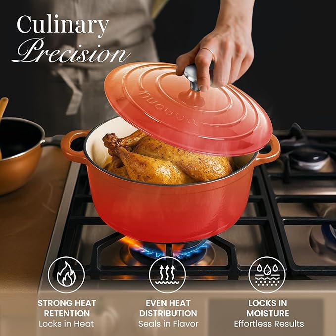 Nuovva Enamelled Cast Iron Dutch Oven Pot with Lid ??6.4 Quart Non Stick Casserole Pot ??Heavy Duty & Oven Safe up to 500째 F for Bread Baking, Braising, Stews, Roasting ??28cm Orange