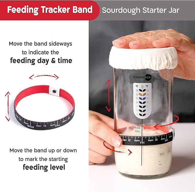KNEADACE Sourdough Starter Jar With Date Marked Feeding Band, Thermometer, Sourdough Jar Scraper, Sourdough Container Sewn Cloth Cover & Metal Lid, Sourdough Starter Kit (2 Pack)