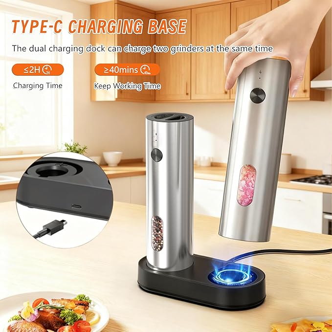 Electric Salt and Pepper Grinder Set,Rechargeable,Adjustable Coarseness,LED Light with Dual Charging Base,110ml Upgraded Large Capacity,Top-Refill,Stainless Steel Automatic Pepper Shakers