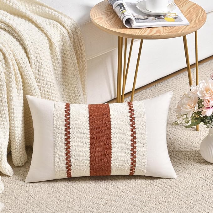 Fancy Homi Set of 2 Rust Boho Lumbar Decorative Throw Pillow Cover 12x20 Inch for Couch Bed Sofa, Aesthetic Modern Organic Fall Room Decor, Soft Cotton Cute Terracotta Farmhouse Cushion Case