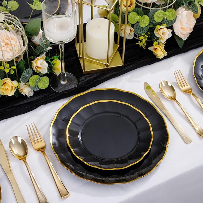 EI 150pcs Black Plastic Plates,Black and Gold Fancy Plate,Gold Plastic Silverware,Black and Gold Dinnerware Set,Premiun Heavy Duty Taleware,Perfect for Party,Wedding,Business Events,Hotel Banquets