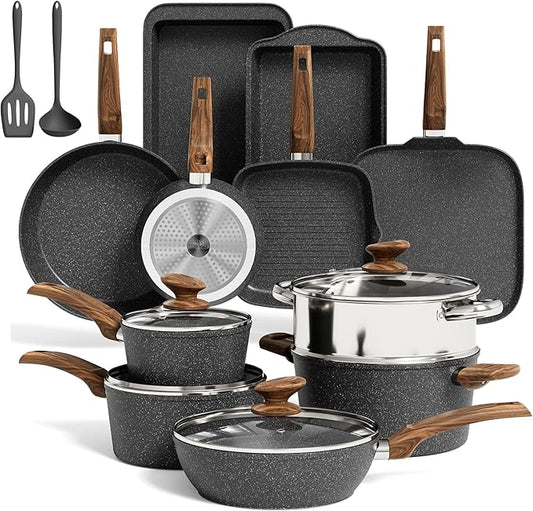 MAISON ARTS 17 Piece Black Pots and Pans Set Non Stick Granite, Non Toxic Induction Kitchen Cookware Sets, Pan and Pot Sets for Cooking Nonstick