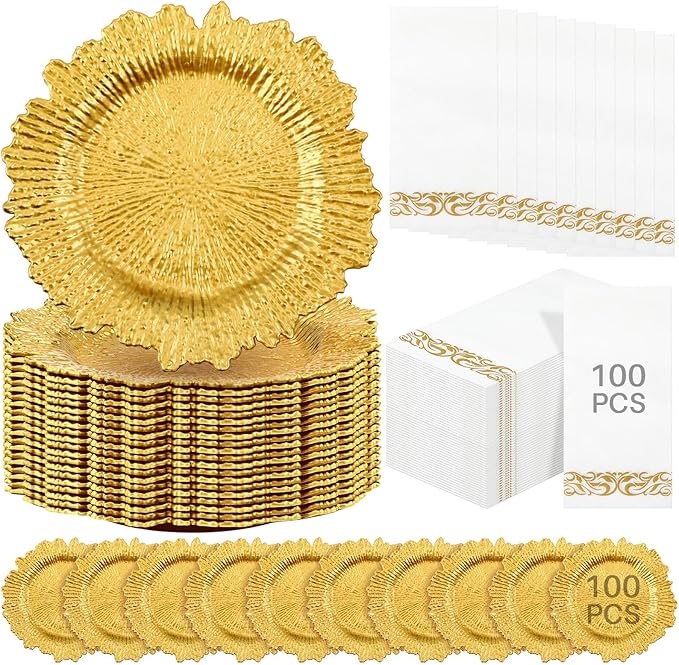 Nitial 100 Set Reef Charger Plate Set Bulk 13 Plastic Charger Plates Ruffled Rim with Paper Napkins Guest Towels for Table Setting Wedding Party (Gold)