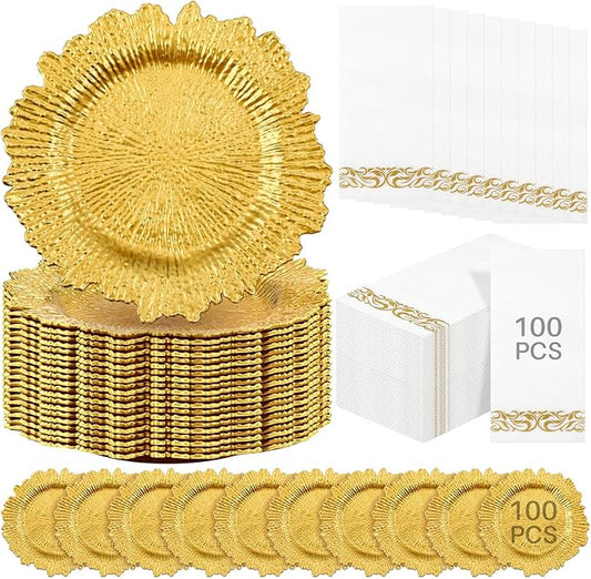 Nitial 100 Set Reef Charger Plate Set Bulk 13 Plastic Charger Plates Ruffled Rim with Paper Napkins Guest Towels for Table Setting Wedding Party (Gold)