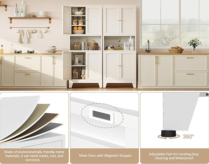 69"H Kitchen Pantry Cabinet with Countertop and Microwave Shelf,Metal Microwave Stand Cabinet with Storage竊똚hite Farmhouse Food Storage cabinet,Tall Freestanding Pantry Cabinets for Dining Room