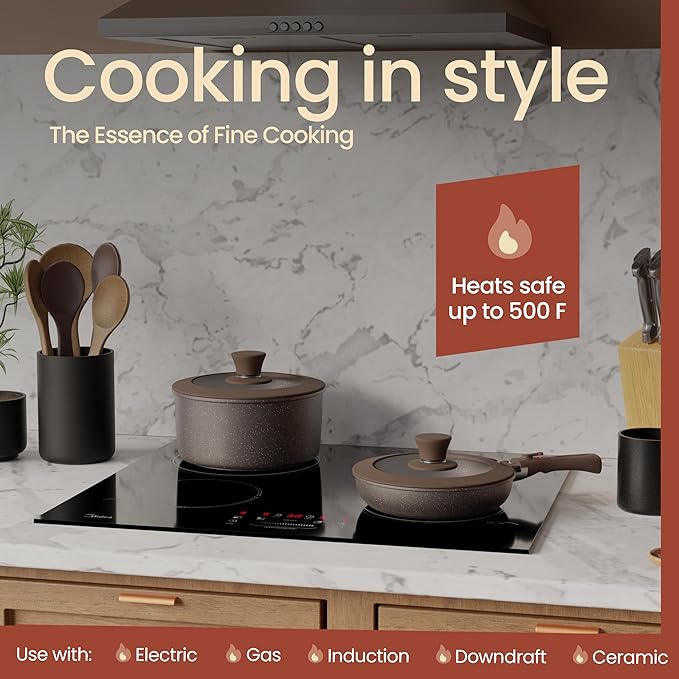 Pots and Pans Set Non Stick Ceramic-Granite ??14-Piece Cookware with Detachable Handles, Stackable Space-Saving, Dishwasher Safe, Stain-resistant, Oven & All-Stove Safe, Tempered Glass Lids, Brown