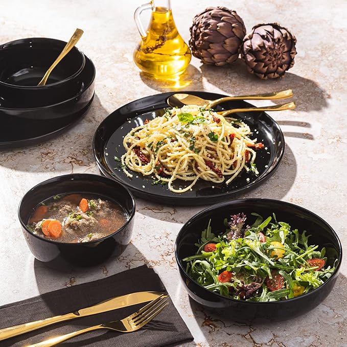 Gibson Home Oslo 12-Piece Porcelain Chip and Scratch Resistant Dinnerware Set, Service for 4 ??Black Plates and Bowls, Microwave & Dishwasher Safe